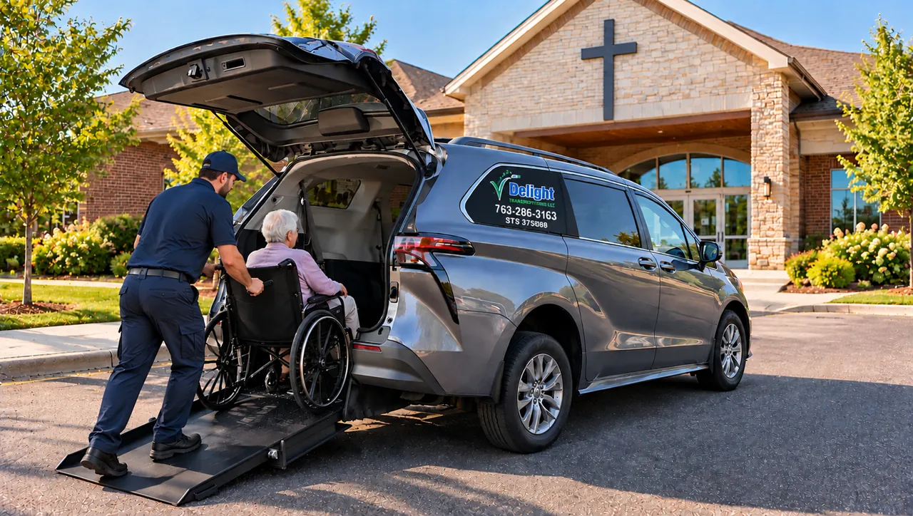 Illustration of accessible van assistance outside a church