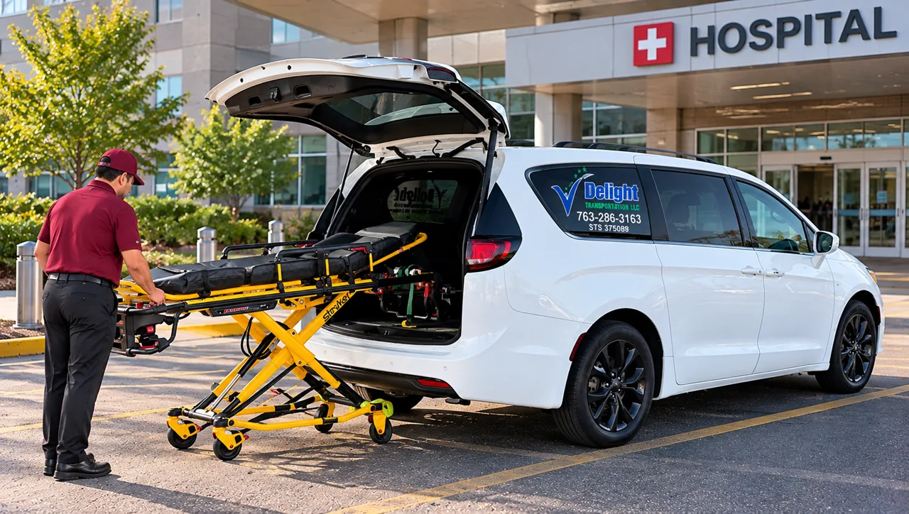 Illustration of non-emergency stretcher transportation outside a hospital