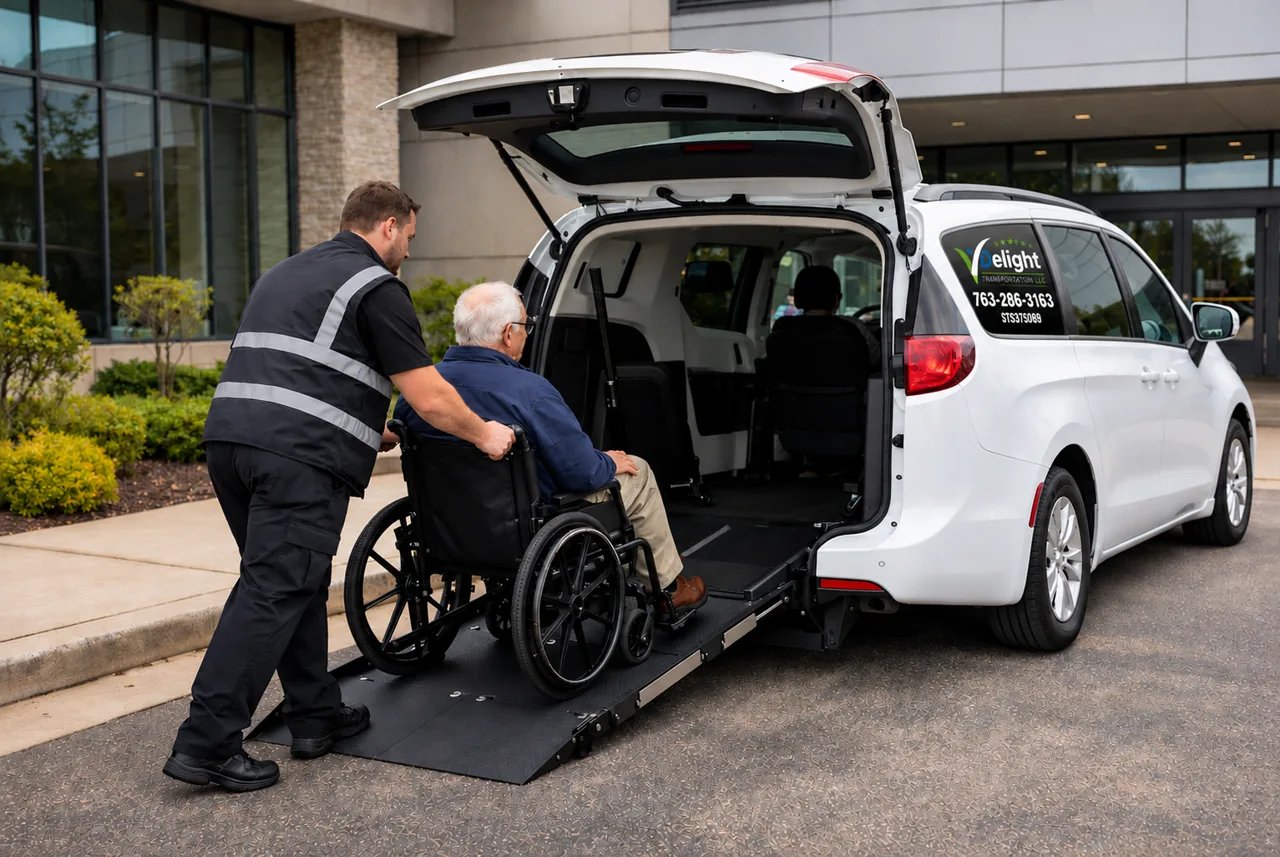 Illustration of a driver helping a wheelchair passenger beside an accessible van