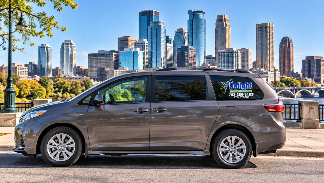 Illustration of a Delight Transportation van with the Minneapolis skyline